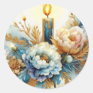 Blauw gouden pastel kaars pioenrozen waterverf gli ronde sticker