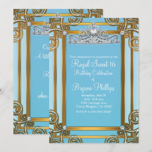 Blauw & Gouden Prinsessen Kroon Tiara Sweet 16 Fee Kaart