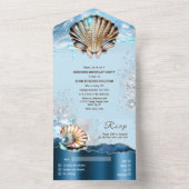 Blauw gouden schelp oceaan golven glitter glam all in one uitnodiging (Binnen)