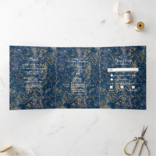 Blauw Gouden Spatmodern Drievoudig Huwelijksprogra Drieluik Uitnodiging