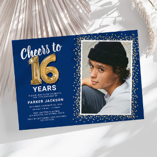 Blauw Gouden Sweet 16 Foto Uitnodiging