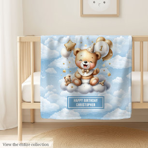 Blauw gouden teddybeer met nummer 1 verjaardag fleece deken