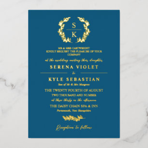 Blauw Gouden Typografie Krans Monogram Bruiloft Folie Uitnodiging
