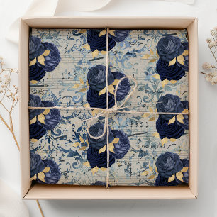Blauw Gouden Vintage Bloemmotief Damast Tissuepapier