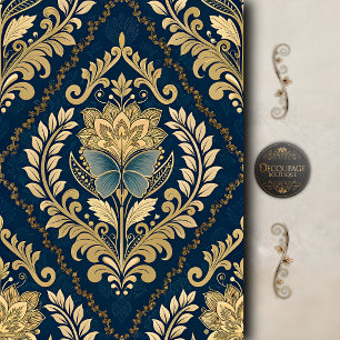 Blauw Gouden Vlinder Damast Decoupage Tissuepapier