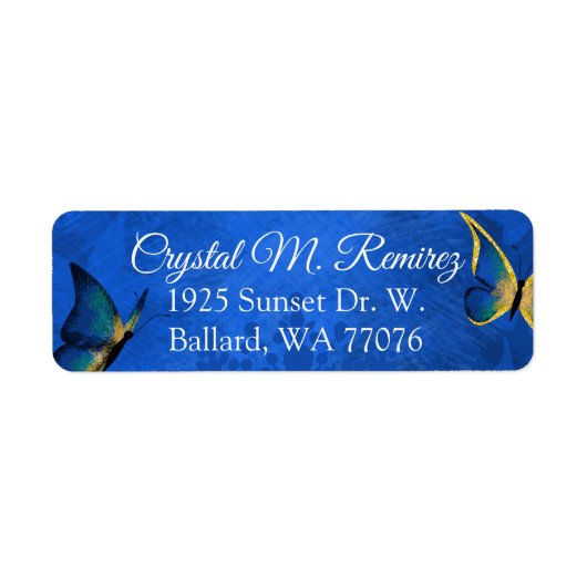 Blauw, gouden vlinder retournering etiket (Voorkant)