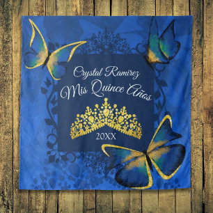 Blauw Gouden Vlinder, Tiara Quinceanera Achtergron Wandkleed