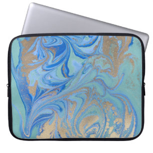 Blauw Gouden Vloeibare Waterverf Textuur Laptop Sleeve