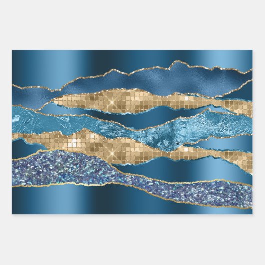 Blauw gouden wijn glitter metallic folie chic inpakpapier vel (Voorkant)