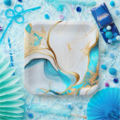 blauw goudwit marmerontwerp papieren bordje (Feest)