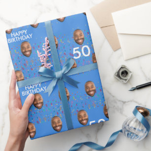 Blauw Grappig Aangepaste Gezichtsfoto 50ste Verjaa Cadeaupapier