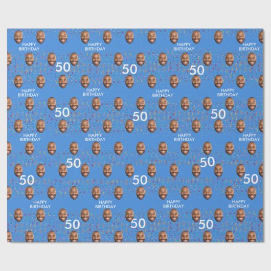 Blauw Grappig Aangepaste Gezichtsfoto 50ste Verjaa Cadeaupapier (Vlak)