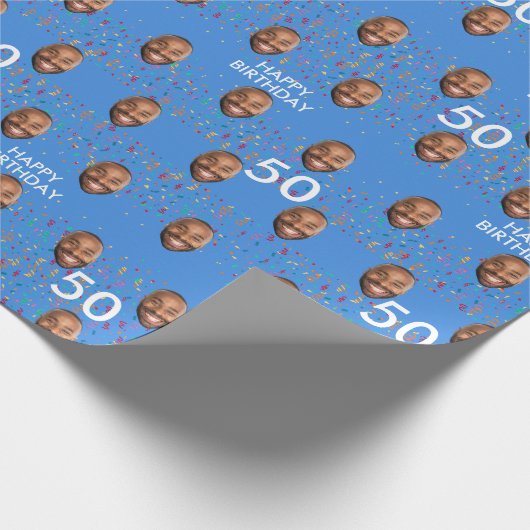 Blauw Grappig Aangepaste Gezichtsfoto 50ste Verjaa Cadeaupapier (Hoek)