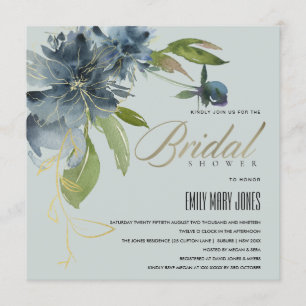 BLAUW GRAY GOLD FLORAL WATERVERF VRIJGEZELLENFEEST KAART