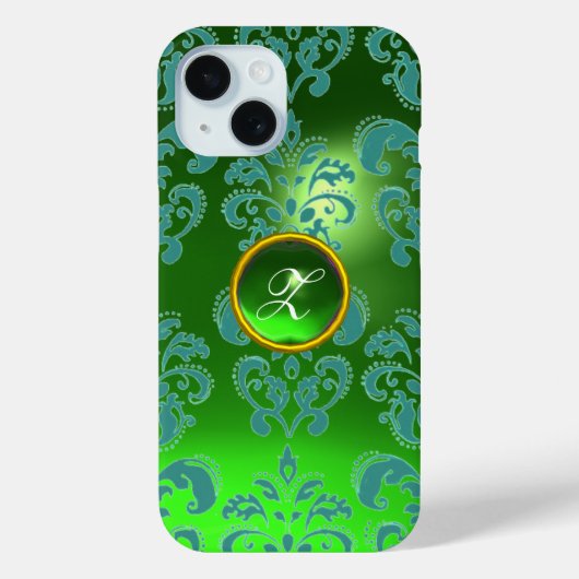 BLAUW GREEN DAMASK EMERALD GEMSTONE MONOGRAM Case-Mate iPhone CASE (Achterkant)