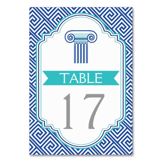 Blauw Grieks sleutel en kolom trouwtafel nummer Kaart (Achterkant)