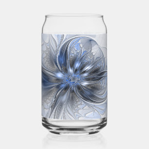 Blauw Grijs Aquarel Abstract Bloemachtige Fractale Blikvorm Glas
