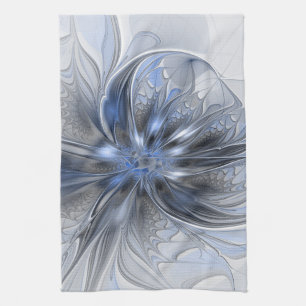 Blauw Grijs Aquarel Abstract Bloemachtige Fractale Theedoek
