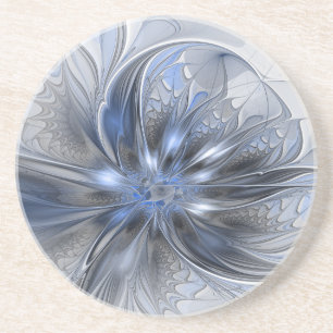 Blauw Grijs Aquarel Abstract Bloemachtige Fractale Zandsteen Onderzetter