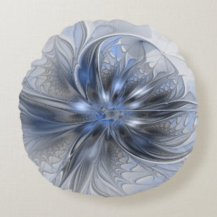 Blauw Grijs Aquarel Abstract Bloemmotief Fractale  Rond Kussen