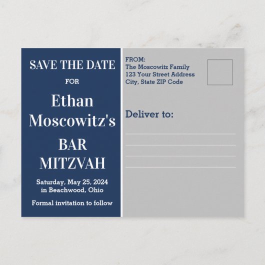 Blauw, Grijs Bar Mitzvah Save the Date Briefkaart (Achterkant)