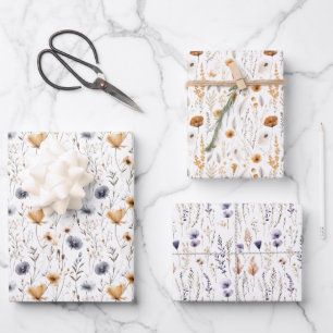 Blauw Grijs Beige Bruin Wilde Bloemen Boho Verjaar Inpakpapier Vel
