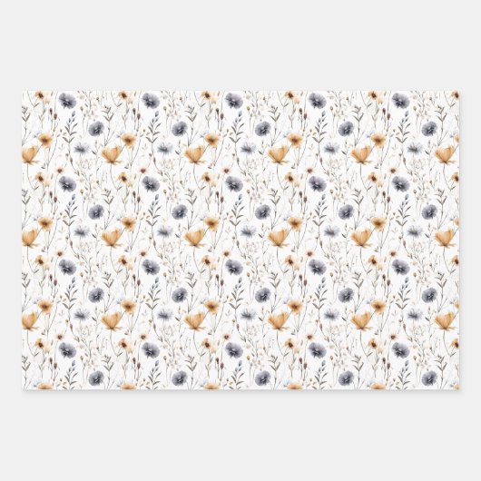 Blauw Grijs Beige Bruine Wilde Bloemen Boho Verjaa Inpakpapier Vel (Voorkant)