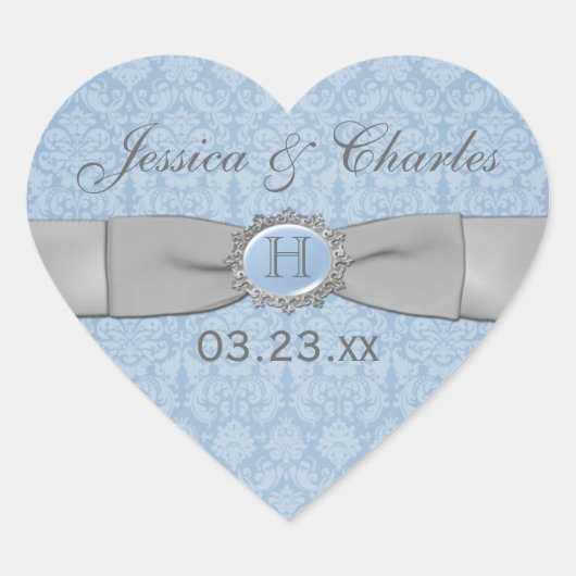  blauw, grijs Damask Wedding Favor Sticker (Voorkant)
