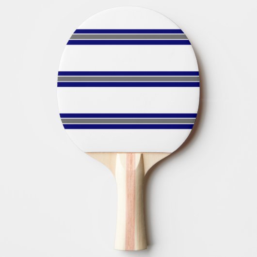 Blauw Grijs en Wit Strip Ontwerp Tafeltennisbatje (Voorkant)