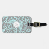 Blauw grijs  Floral Pattern Monogram L label Bagagelabel (Voorkant horizontaal)