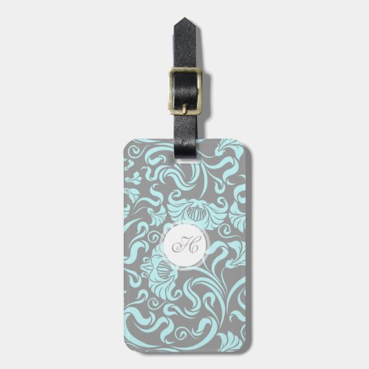Blauw grijs  Floral Pattern Monogram L label Bagagelabel (Voorkant verticaal)