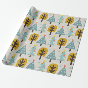 Blauw grijs geel kerstboompatroon cadeaupapier