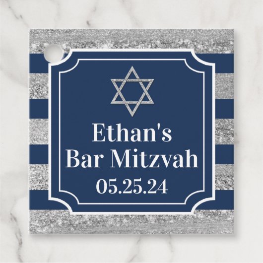 Blauw, Grijs Gestreepte Bar Mitzvah Dank u Bedankjes Labels (Voorkant)