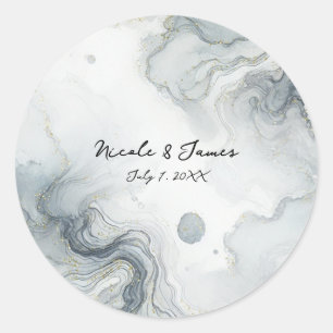 Blauw Grijs & Goud Beachy Waterverf Strand Wedding Ronde Sticker