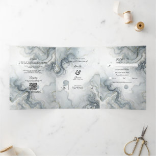 Blauw Grijs & Goud Strand Waterverf Bruiloft Drieluik Uitnodiging