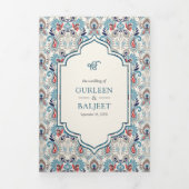 Blauw Grijs Ikat Alles in Een Anand Karaj Sikh Bru Drieluik Uitnodiging (Cover)