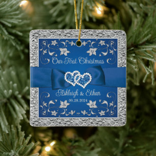Blauw, Grijs Liefde Hartjes Trouw Eerste Kerstmis Keramisch Ornament