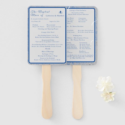 Blauw & Grijs Marmer Nuptial Mass Set van Ventilat Handwaaier (Voorkant en achterkant)