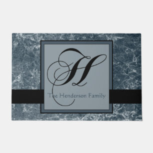 Blauw grijs marmer zwart monogram H Naam toevoegen Deurmat