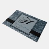 Blauw Grijs Marmeren Patroon Zwart Monogram H Naam Deurmat (Schuin)