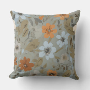 Blauw Grijs Oranje Bruin Moderne Bloemmotieven Kussen