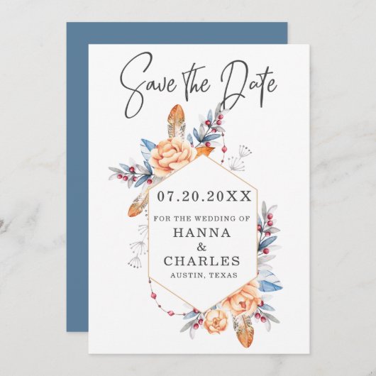 Blauw Grijs Sinaasappel Bloemen Geometrisch Lijst Save The Date (Voorkant / Achterkant)