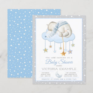 Blauw Grijs Slaperige Olifant Baby Shower Uitnodig Kaart