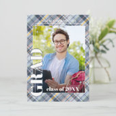 Blauw grijs Tartan Speld Afstuderen Aankondiging (Staand voorkant)