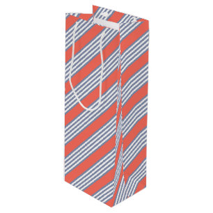 Blauw-grijs vijf stripe patronen met levend koraal wijn cadeautas