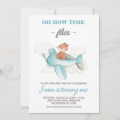 Blauw grijs vliegtuig Hoe de tijd vliegt 1e verjaa Kaart (Voorkant)