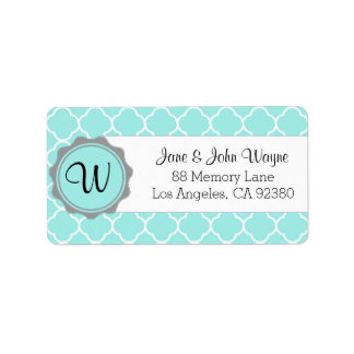 Blauw Grijs Wit Quatrefoil Modern Monogram Label 3