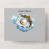 Blauw grijs zeeschelp parel oester schelp strand c all in one uitnodiging (Achterkant)