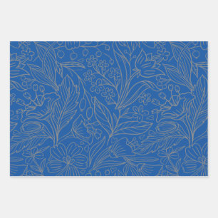 Blauw Grijs Zilver Modern Floral Wrapping Paper