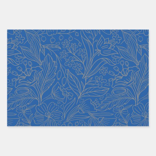 Blauw Grijs Zilver Modern Floral Wrapping Paper (Voorkant)